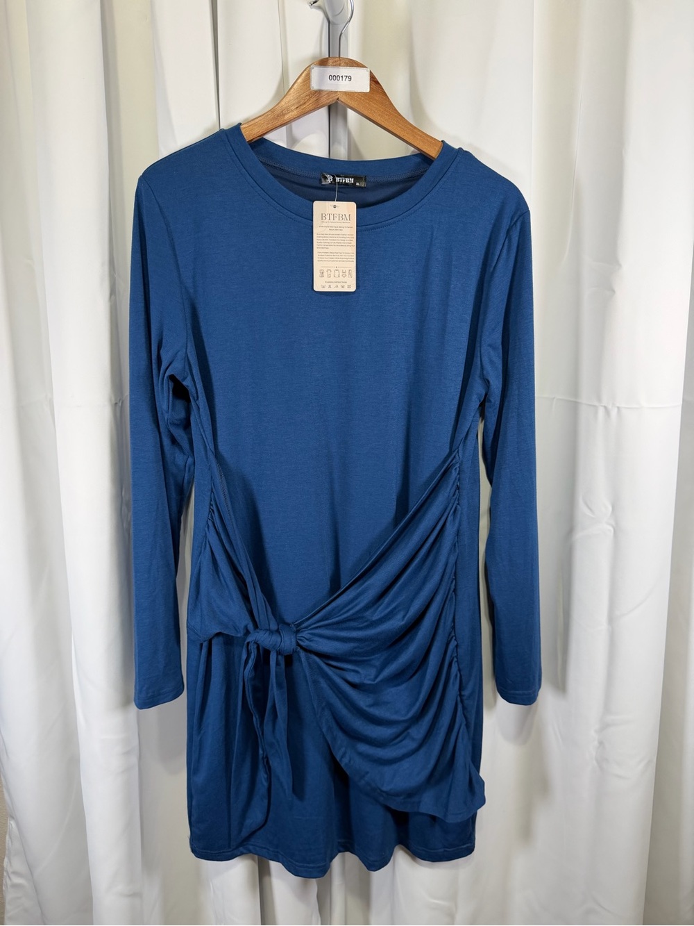 BTFBM Women’s XL Blue Long Sleeve Ruched Tie Waist Mini Dress
